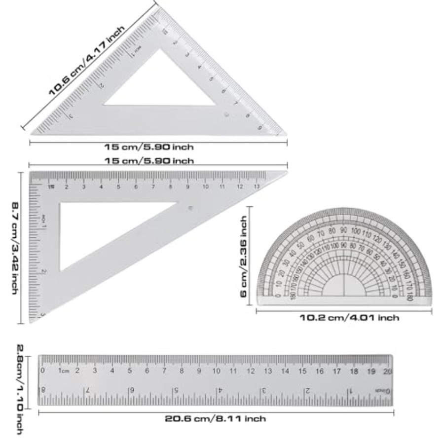 4 Pcs Math Geometry Set, Trans - Ruler Set Transparent のレビューと価格